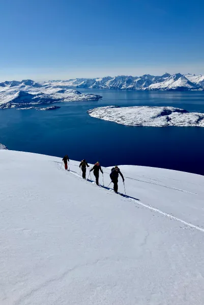 Groupe de randonneurs à ski dans les Alpes de Lyngen en Norvège
